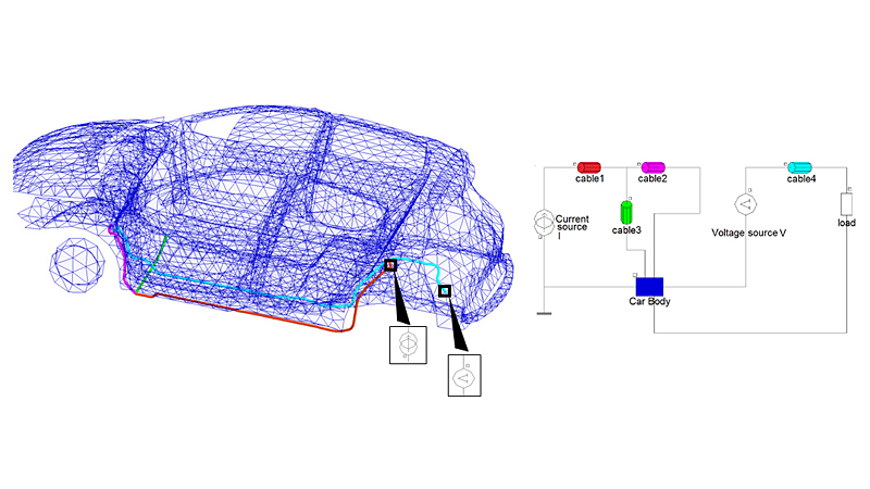 3Dモデルへのケーブルおよび外部回路の接続例