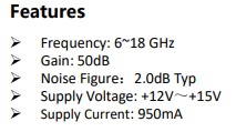 ローノイズ・高ゲインアンプモジュール 6~18GHz　ゲイン50dB NF 2.0dB SAC1326